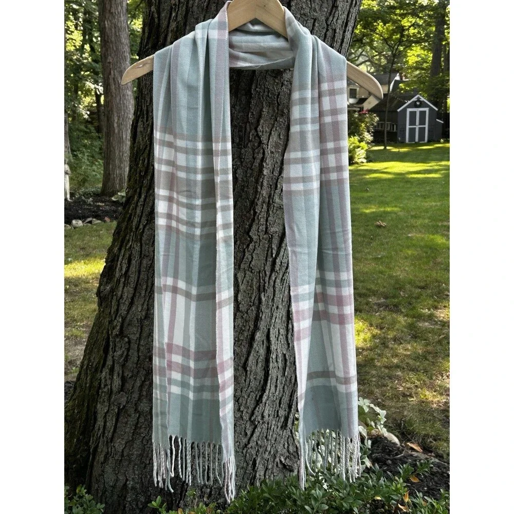 Nolia Cashmere Feel Scarf Pastel Plaid Fringe Preppy Classic Traditional